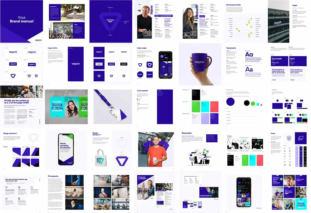 Overview van de belangrijkste pagina's in de nieuwe brand manual van Voys.