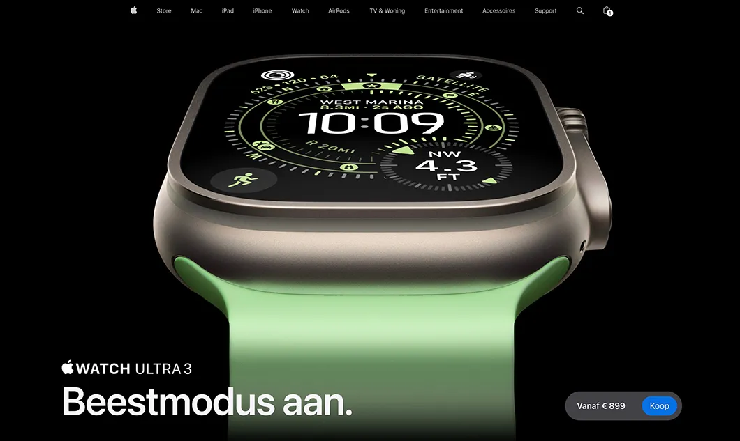 Apple Watch Ultra 3 productpagina als voorbeeld van de 60-30-10-regel