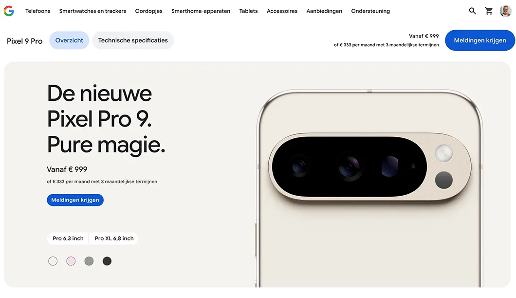 Google Pixel Pro 9 productpagina als voorbeeld van de 60-30-10-regel