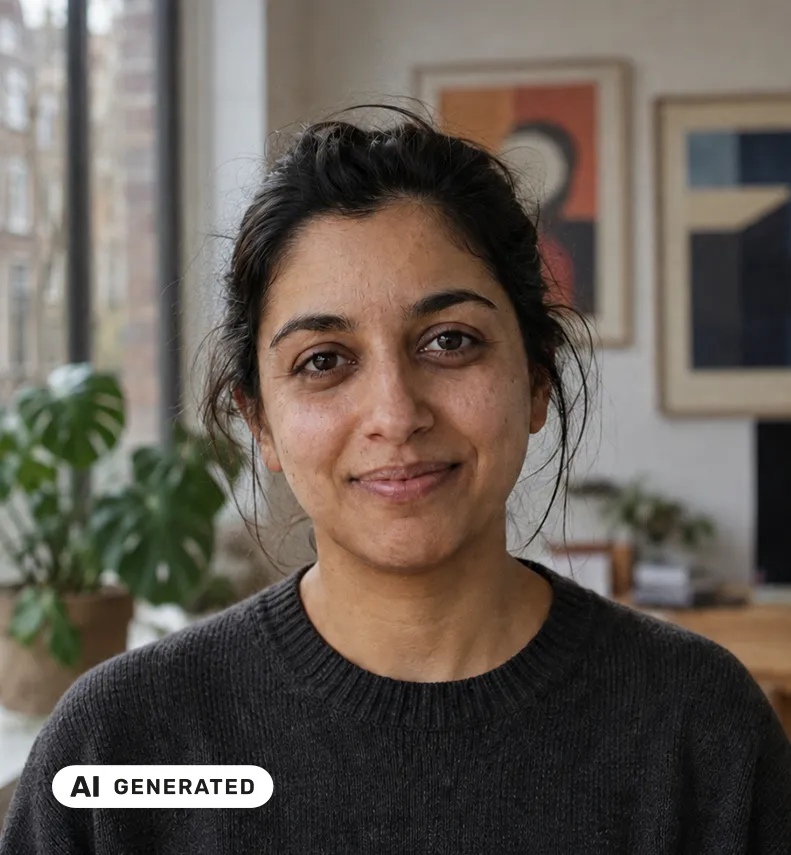 Anisha Moreira is code developer bij Fitbrand. AI-gegenereerd portret, gemarkeerd met het verplichte EU-label AI Generated.
