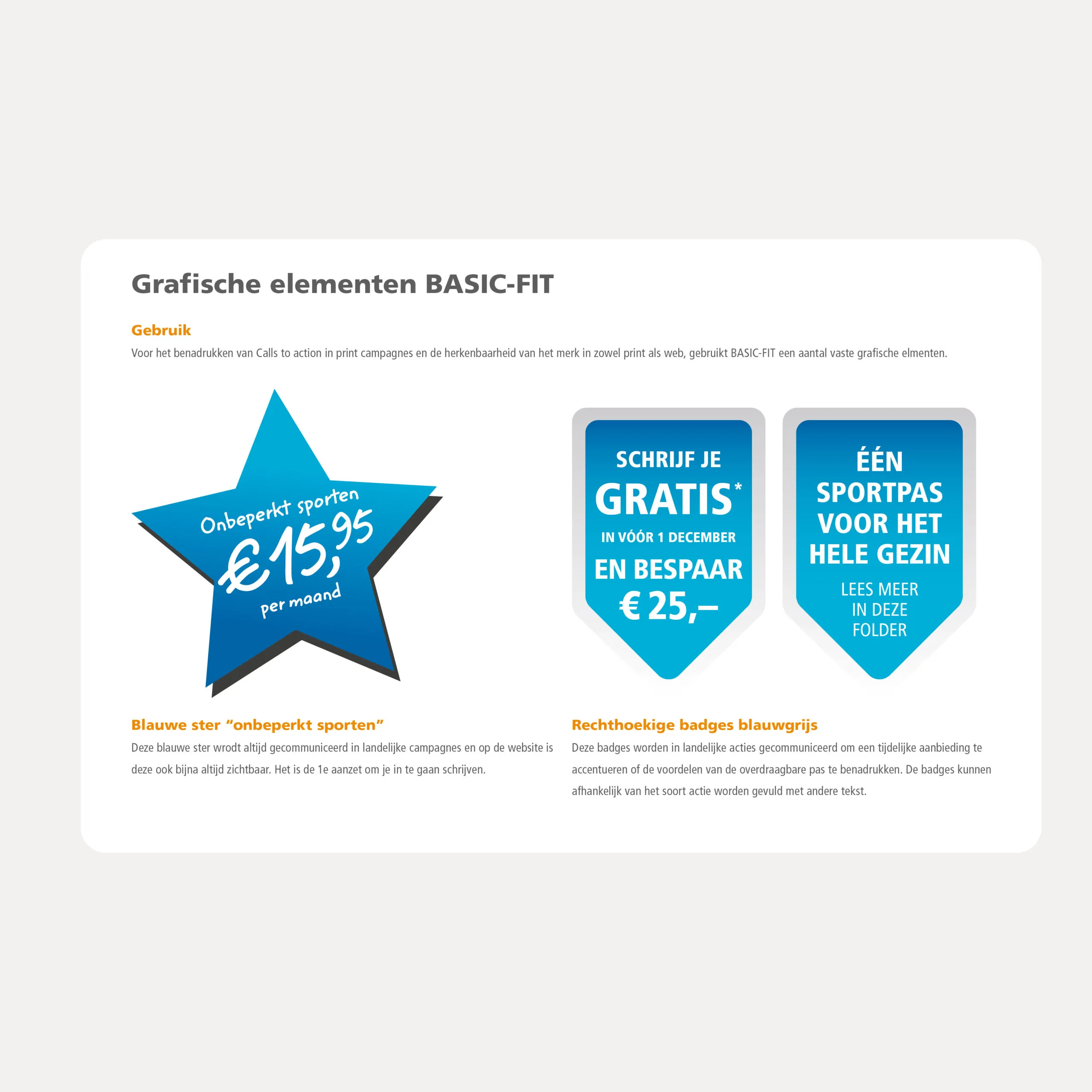 De blauwe prijsster en de rechthoekige actiebadges van BASIC-FIT, met uitleg over wanneer je ze inzet. Ontwerp grafische elementen door Fitbrand.