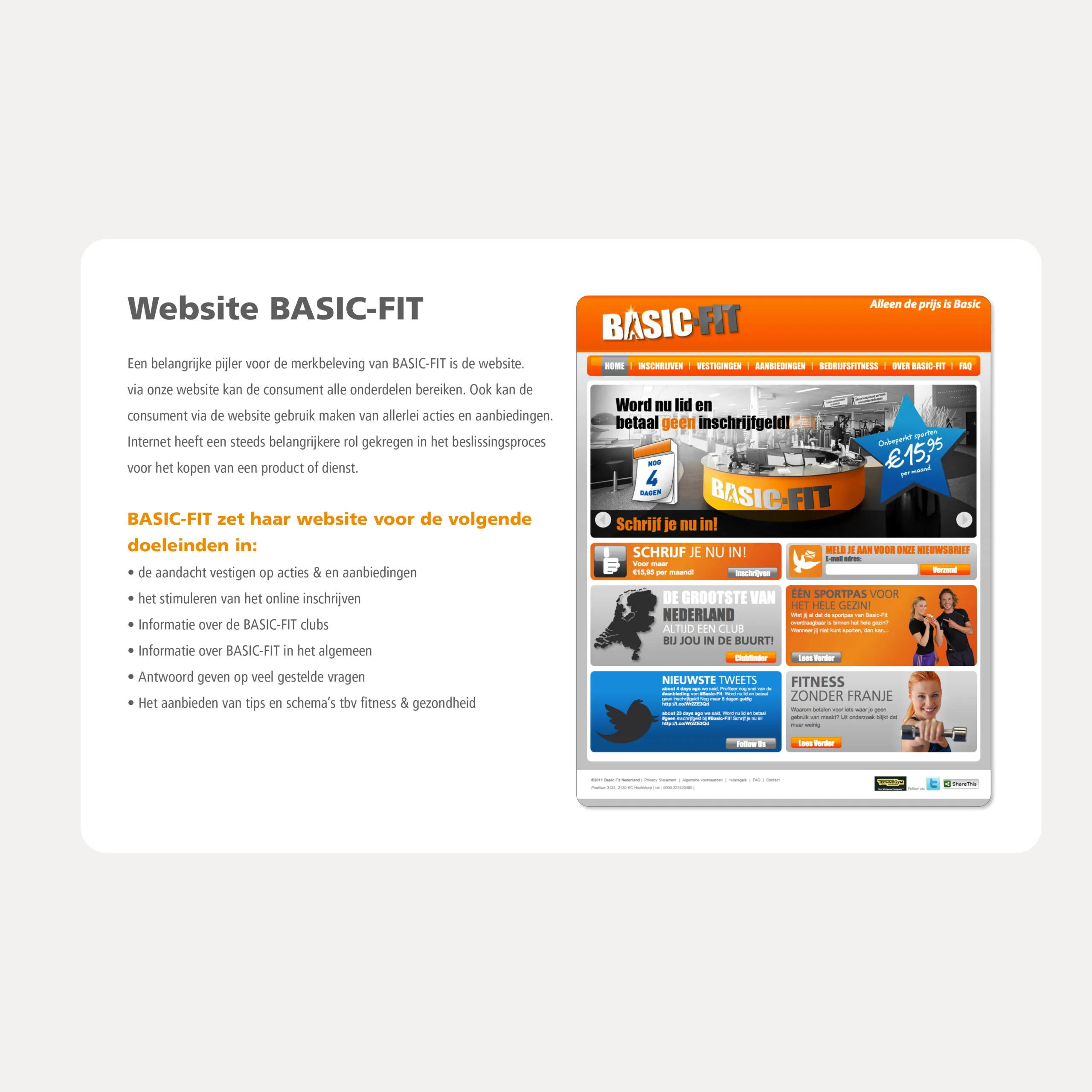 Pagina uit de brand manual over de BASIC-FIT website, met de homepage en de doelen van de site. Webontwerp door Fitbrand.