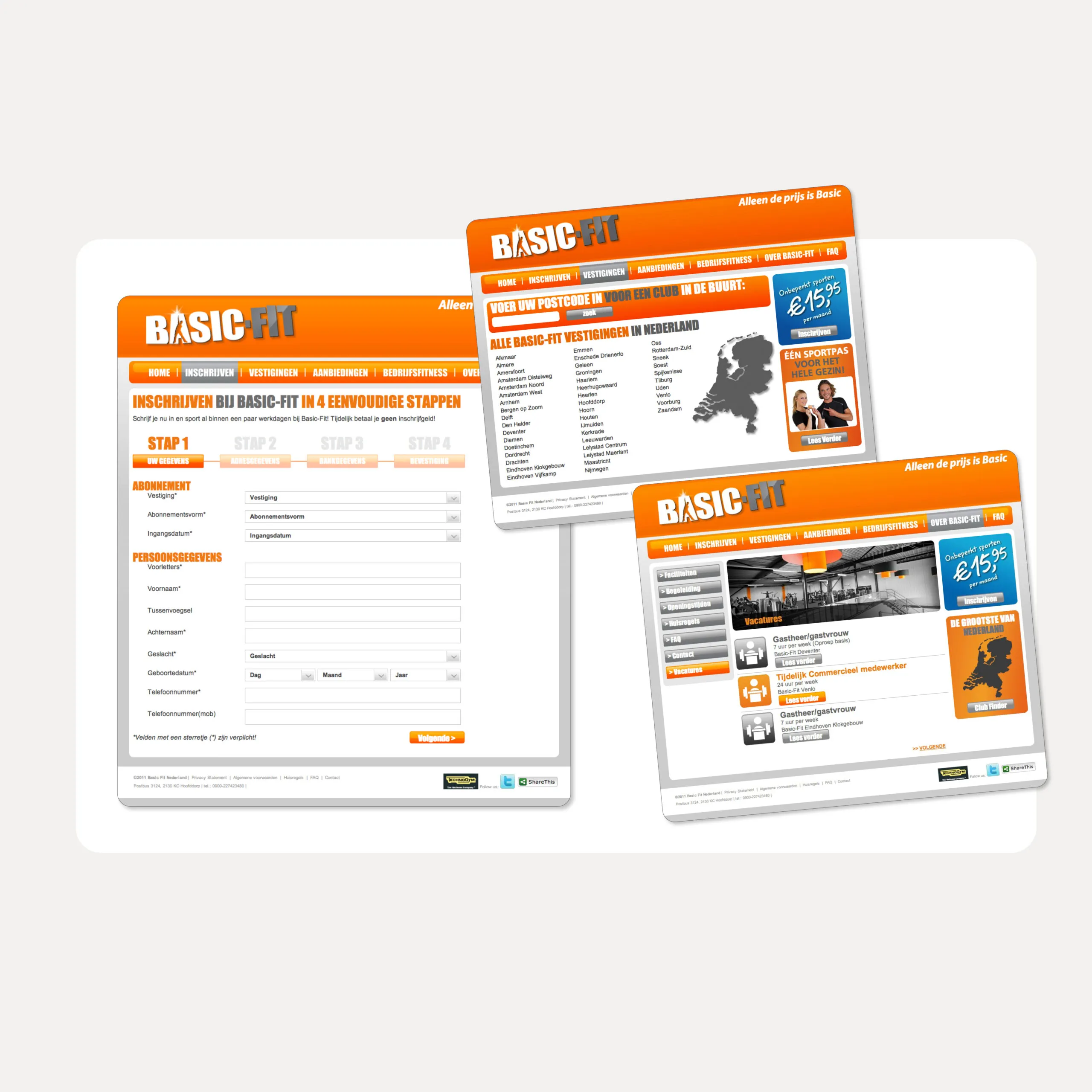 Drie schermen van de BASIC-FIT website: inschrijven in vier stappen, het clubzoekblok en het overzicht van vestigingen. Webontwerp door Fitbrand.