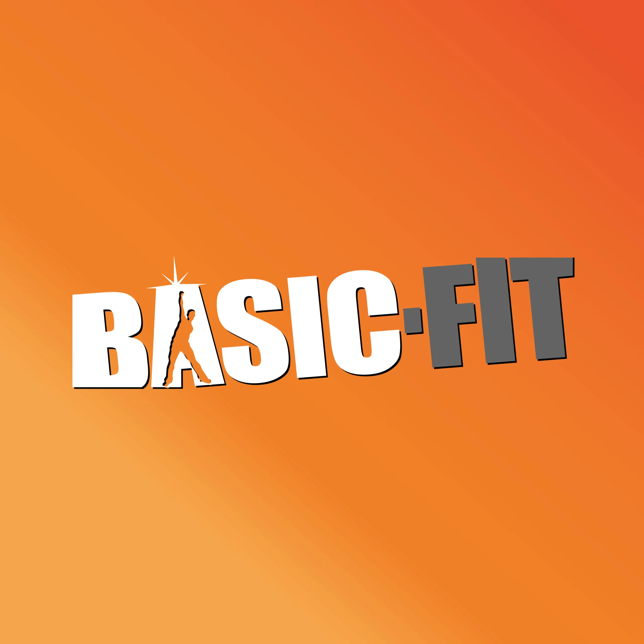 Het BASIC-FIT beeldmerk in wit en grijs op het oranje merkverloop. Logo-ontwerp door Fitbrand.