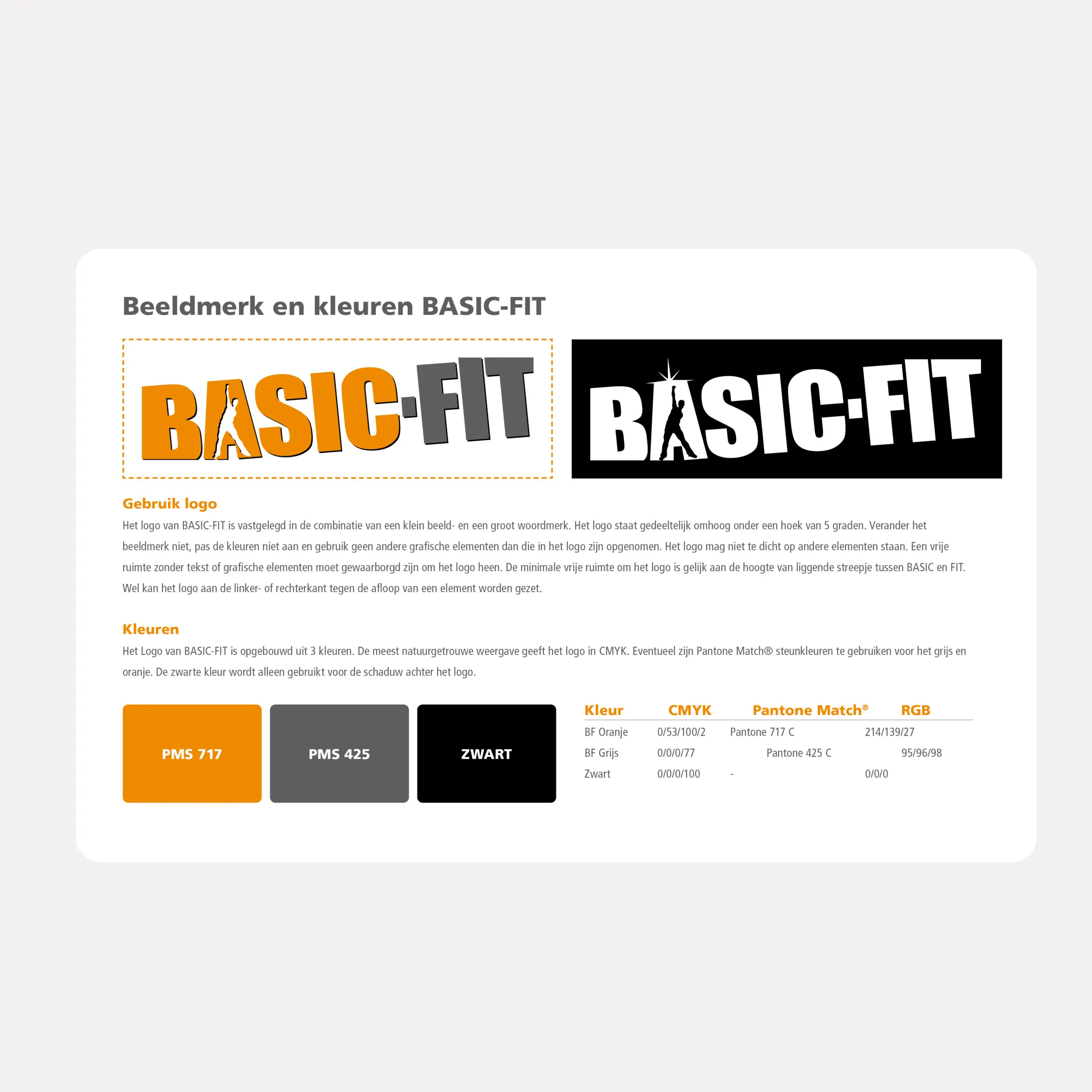 Pagina uit de brand manual van Basic-Fit met de regels voor logogebruik en de drie merkkleuren PMS 717, PMS 425 en zwart. Brand manual door Fitbrand.