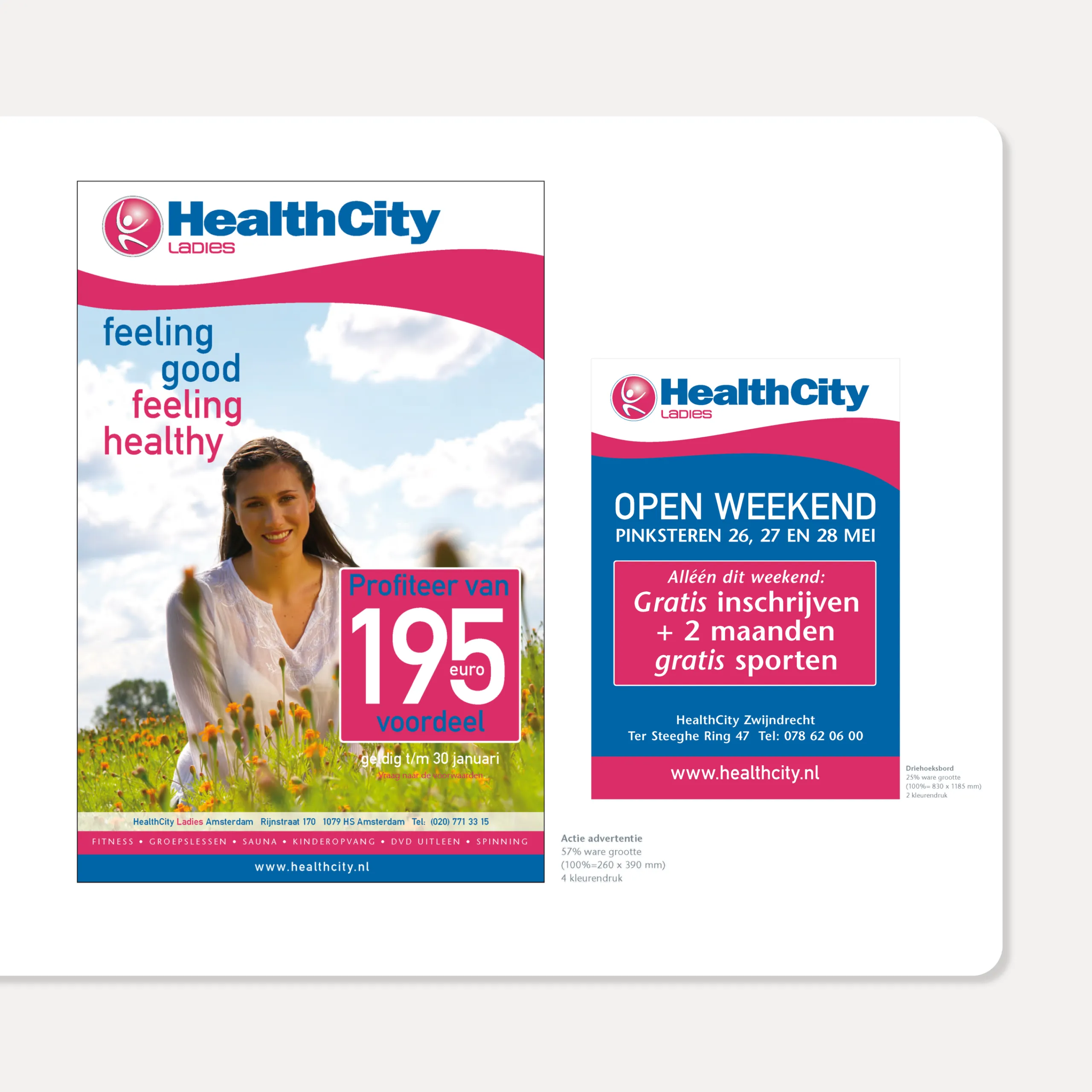 Actieposter en advertentie voor het open weekend van HealthCity Ladies, ontwerp door Peter van der Steege