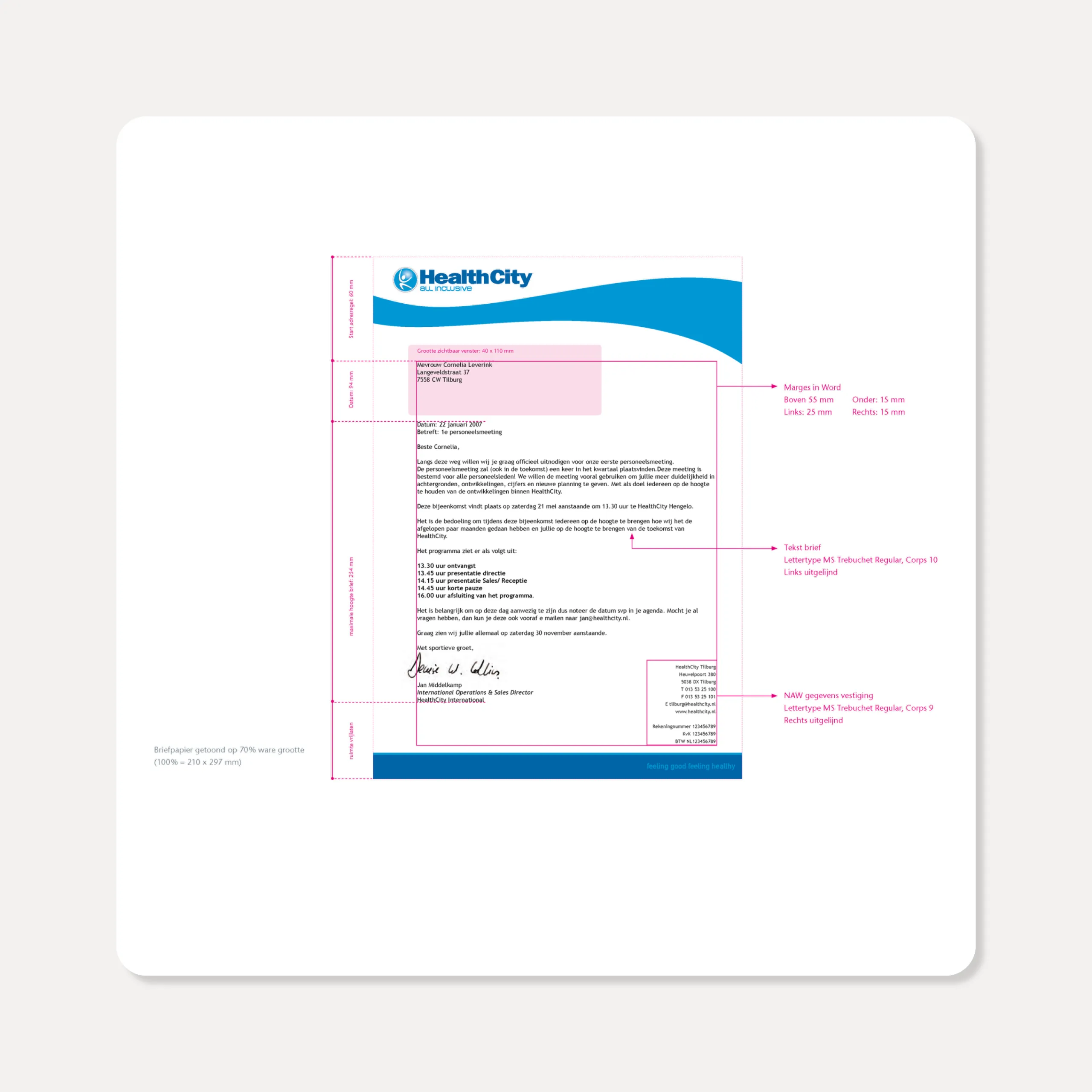 Briefpapier van HealthCity International met de volledige maatvoering en typografie, ontwerp door Peter van der Steege