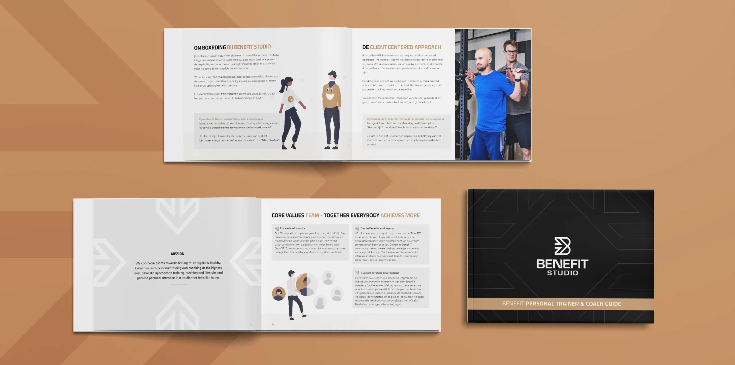Overzicht in een mockup van de BeneFIT Studio-teamguide - Door Fittbrand