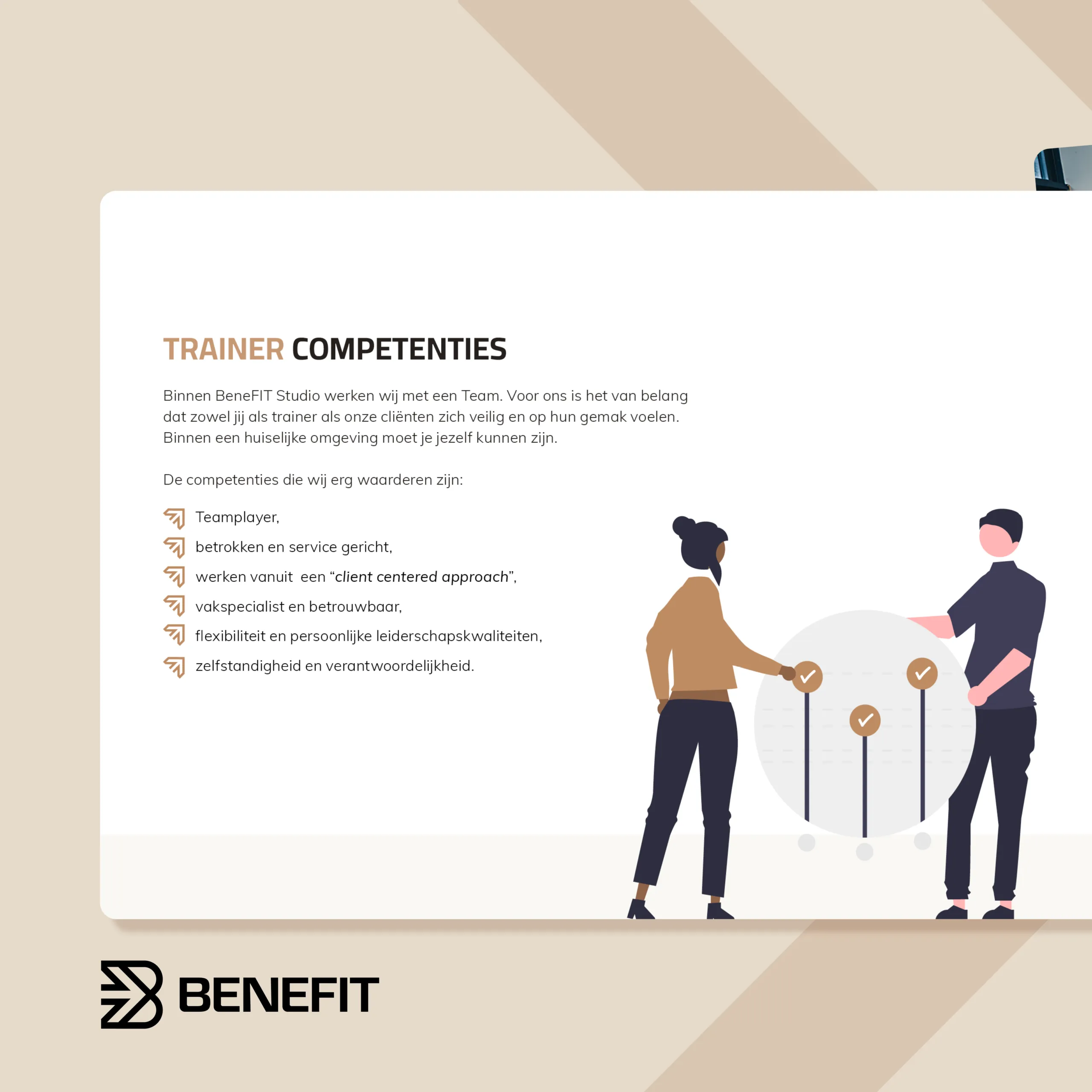 beschrijving van de trainer competenties in de teamguide van Benefit Studio-door Fitbrand