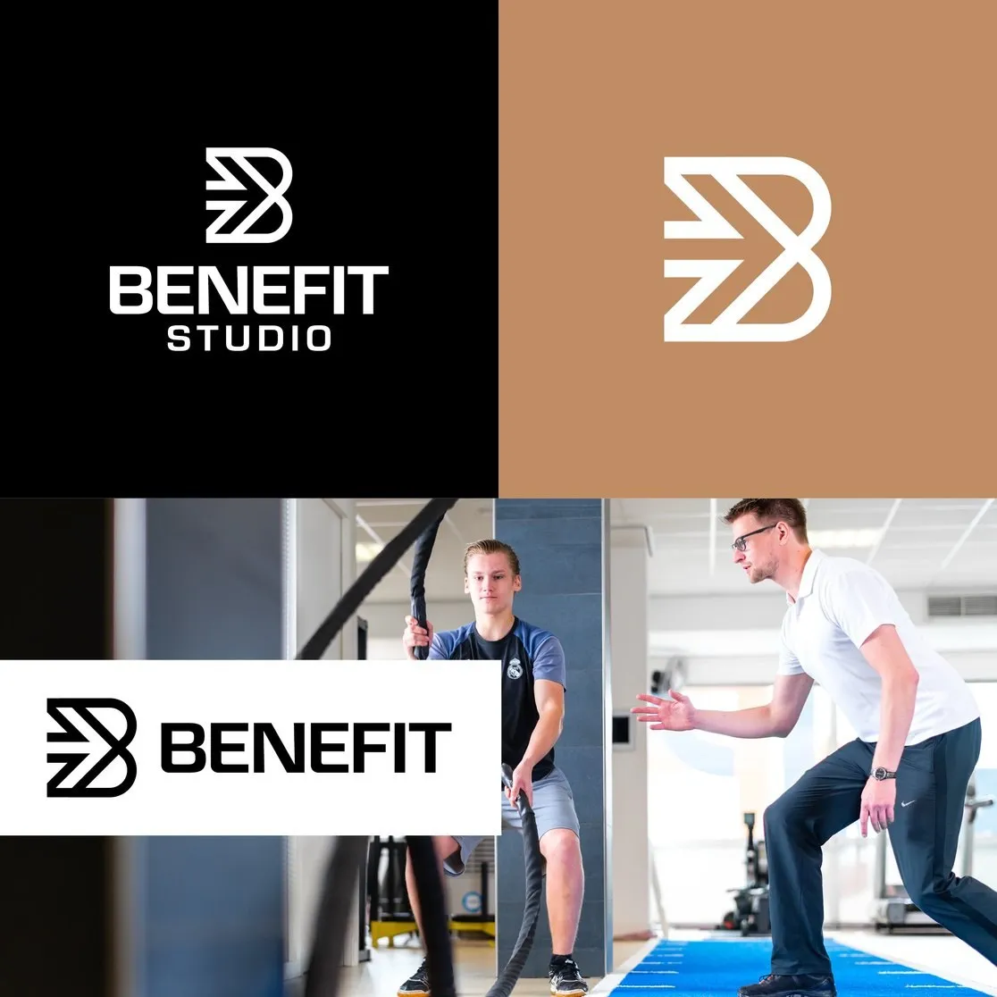 Collage met het logo van BeneFIT Studio op zwart en koper en trainers aan het werk. Door Fitbrand