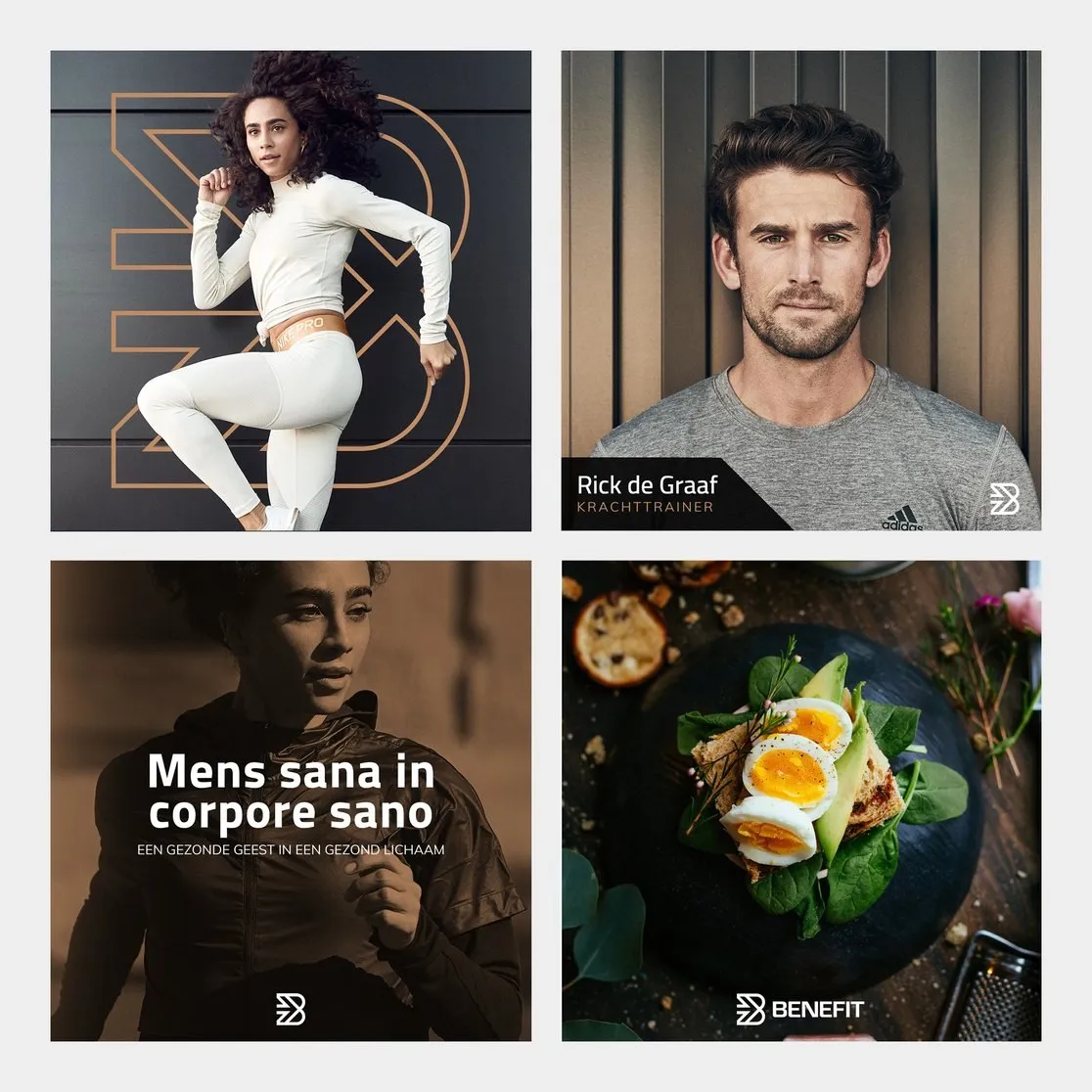 Vier social posts van BeneFIT Studio met trainers, voeding en mens sana in corpore sano. Door Fitbrand