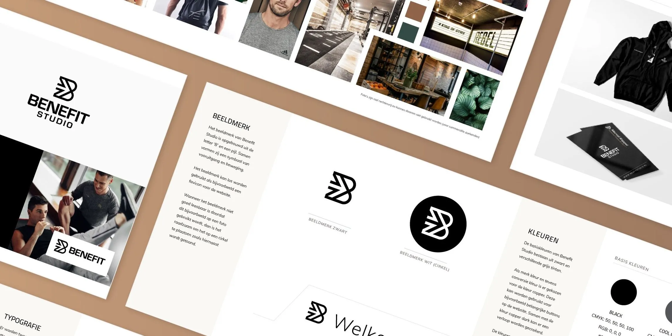 Pagina's uit de styleguide van BeneFIT Studio met typografie, kleuren en beeldtaal. Door Fitbrand