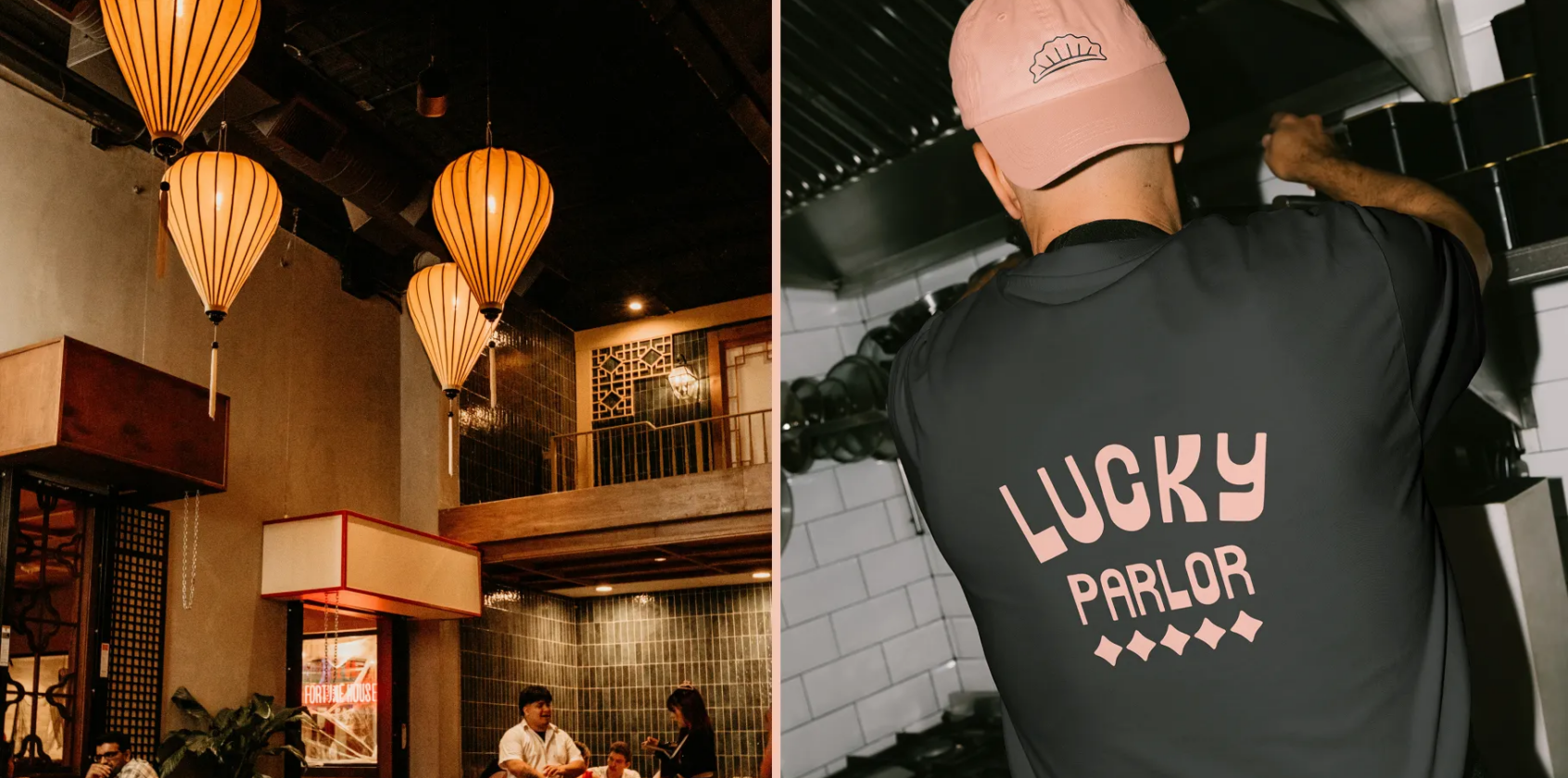 logo laten ontwerpen: interieur van gyozabar Lucky Parlor met lampionnen en een shirt met de merkbelettering