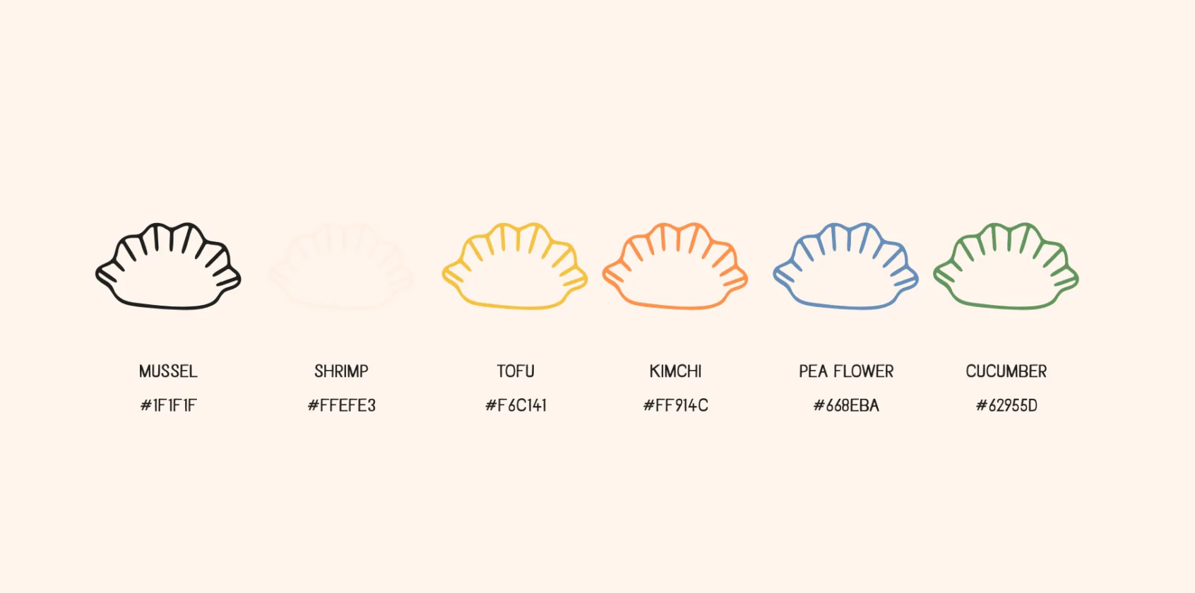 logo laten ontwerpen: zes gyoza-illustraties met de kleurcodes uit de huisstijl van Lucky Parlor