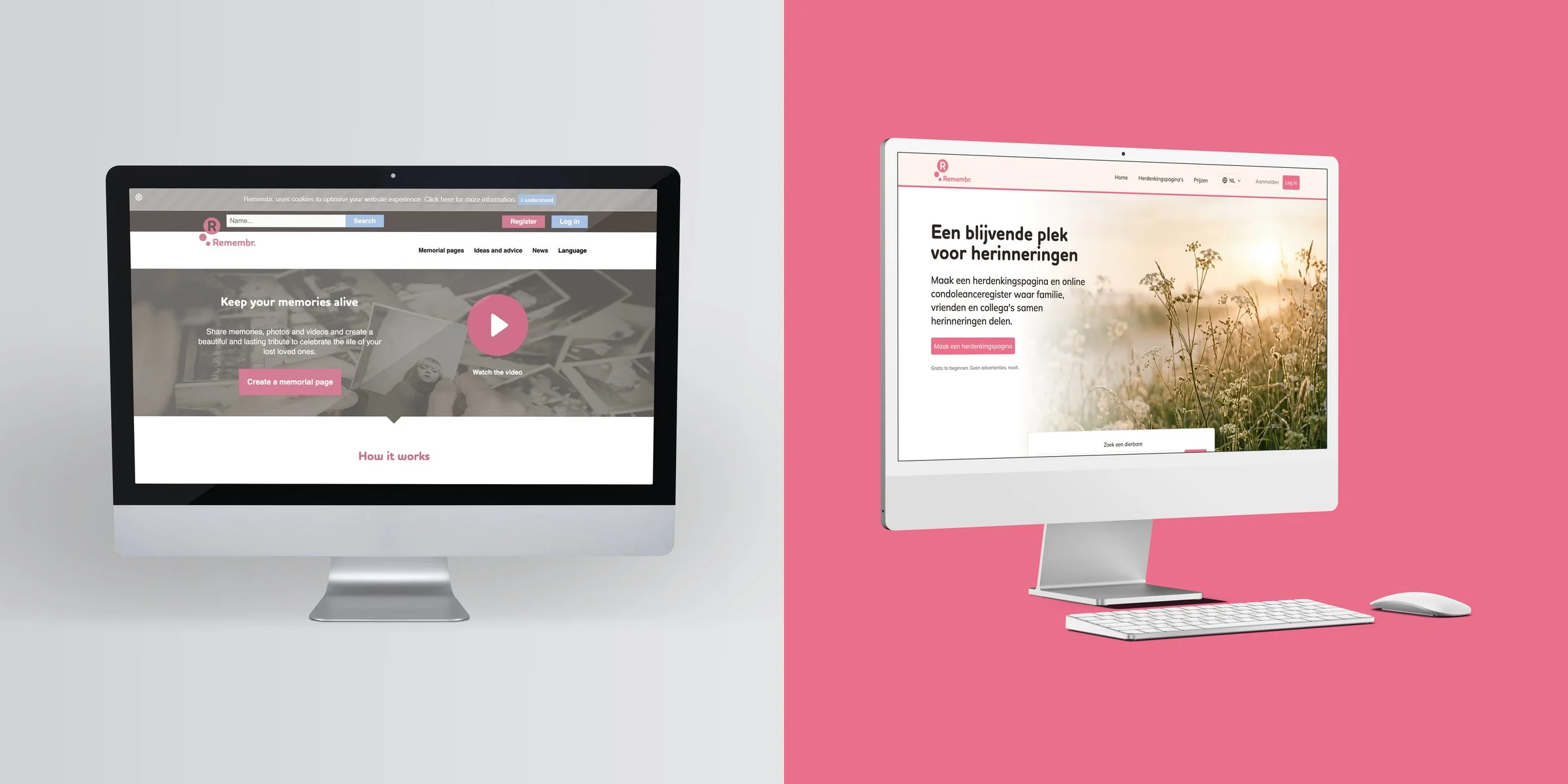 Remembr. voor en na: de oude site op een iMac uit die tijd, de nieuwe website op een iMac van nu. Door Fitbrand