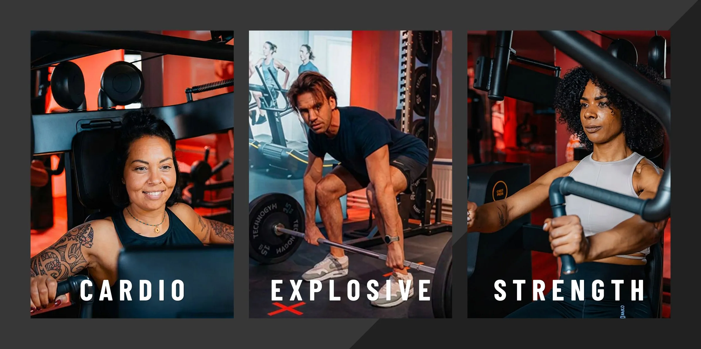 Drie campagnebeelden van TwelveX, cardio, explosive en strength