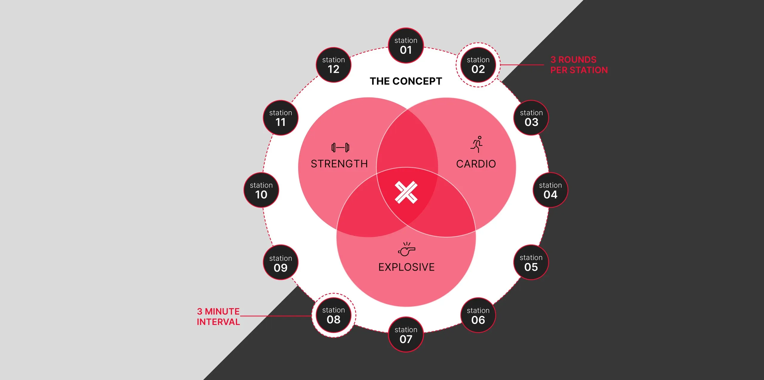 Conceptdiagram van TwelveX met twaalf stations rond strength, cardio en explosive