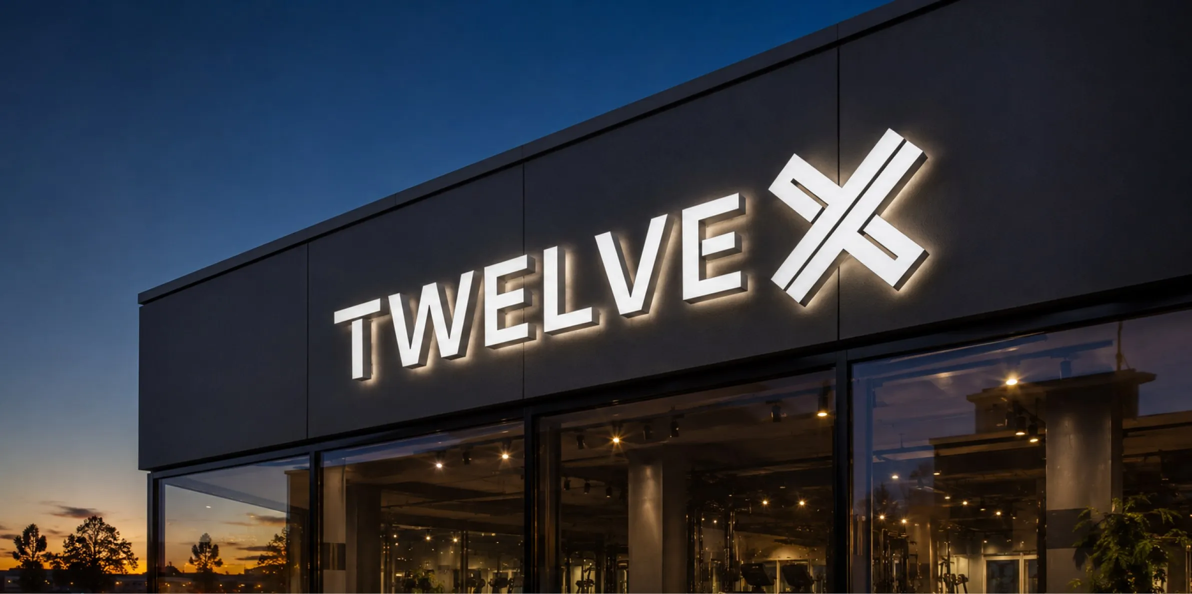 Gevelreclame van TwelveX in witte letters op een donker gebouw bij avond