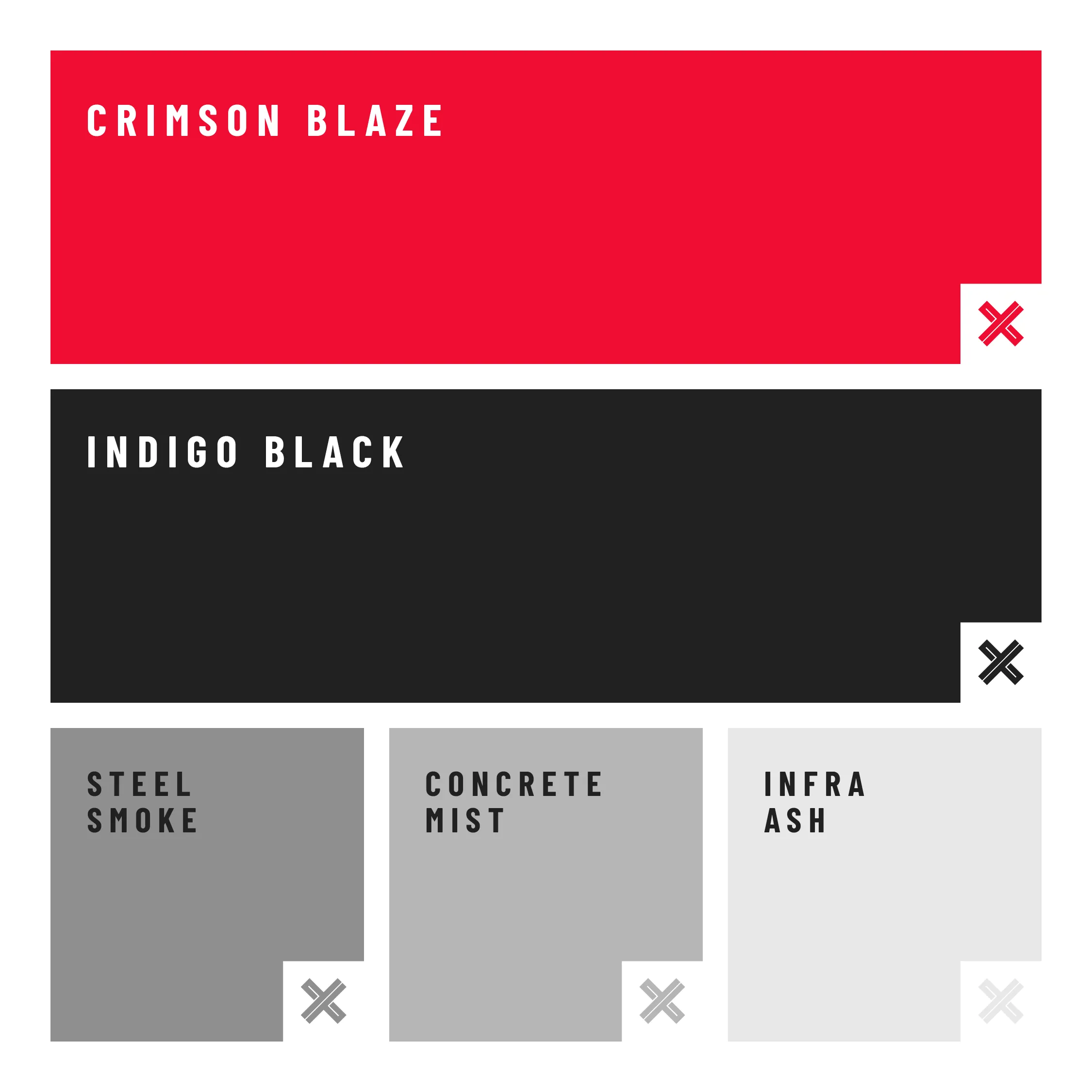 Kleurenpalet van TwelveX, Crimson Blaze, Indigo Black, Steel Smoke, Concrete Mist en Infra Ash