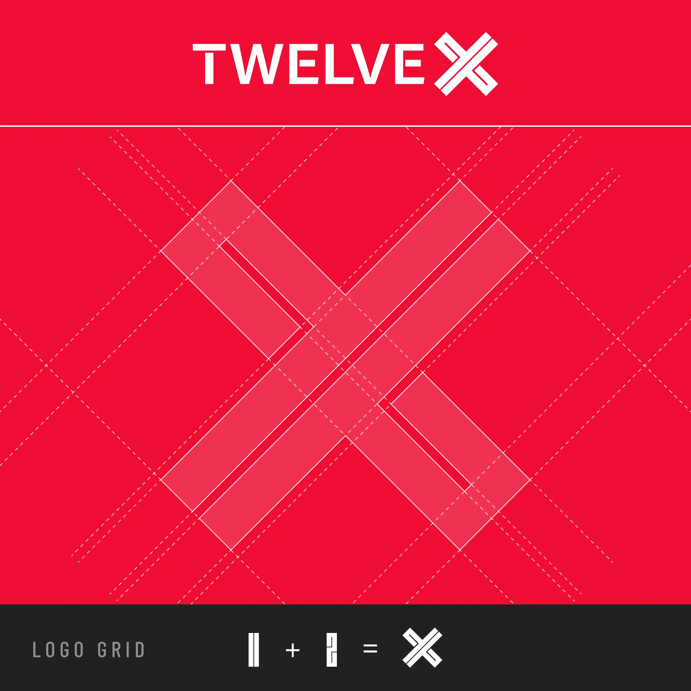 Logogrid van TwelveX, de X opgebouwd uit een 1 en een 2 op rood