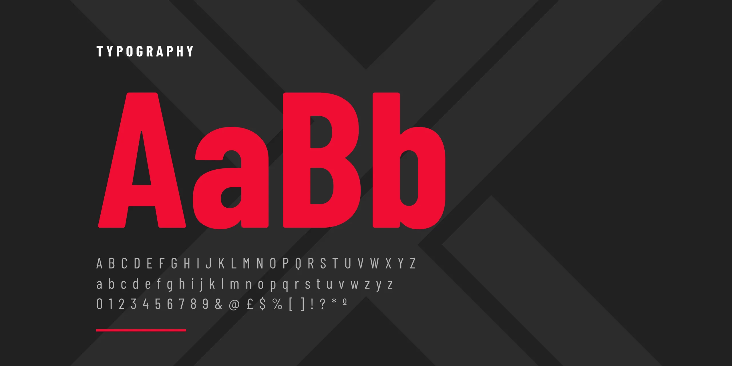 Typografie van TwelveX met het alfabet in rood en grijs op donker