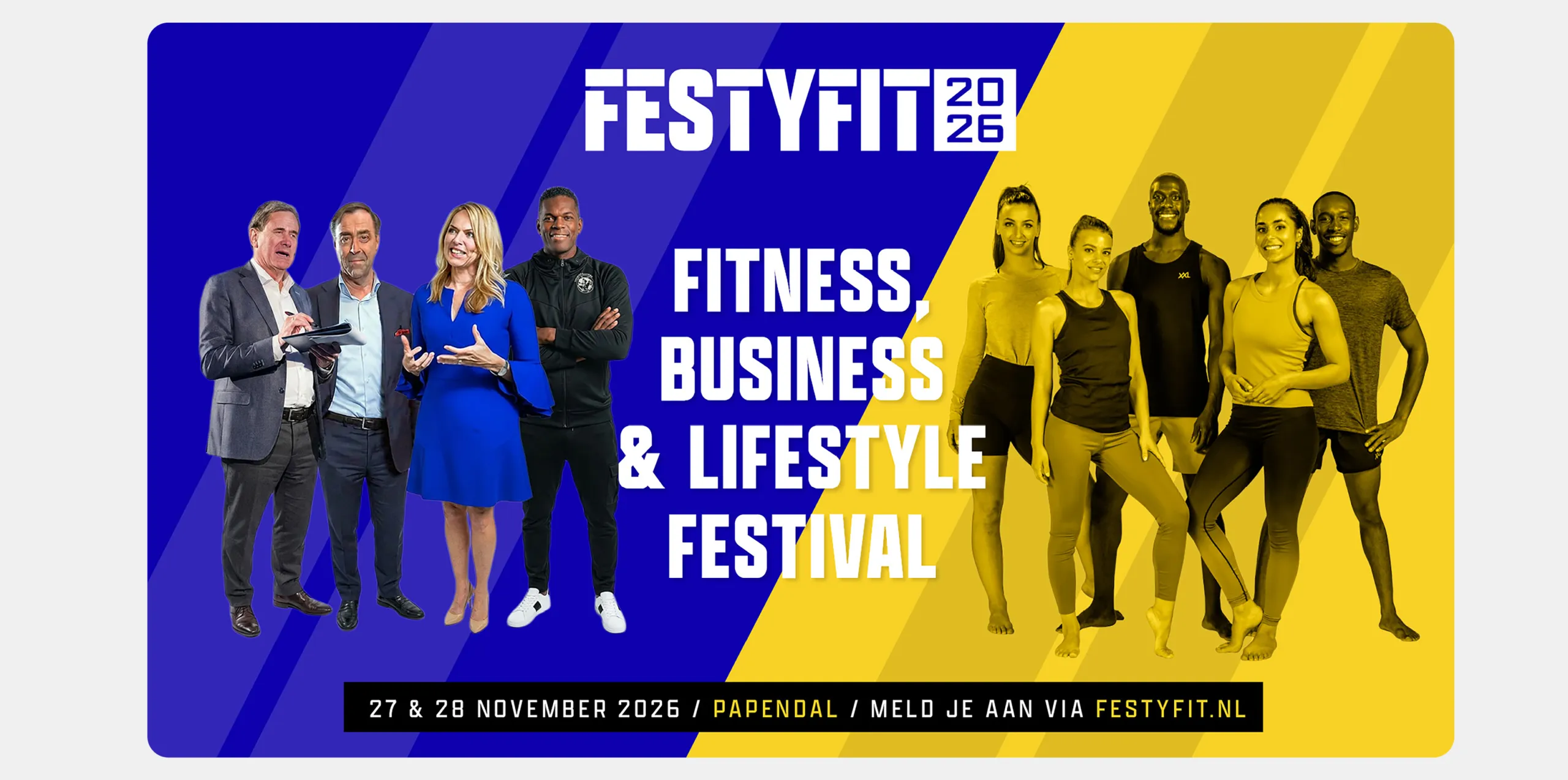 Banner van Festyfit Business met drie sprekers op blauw, 27 november 2026 op Papendal. Door Fitbrand