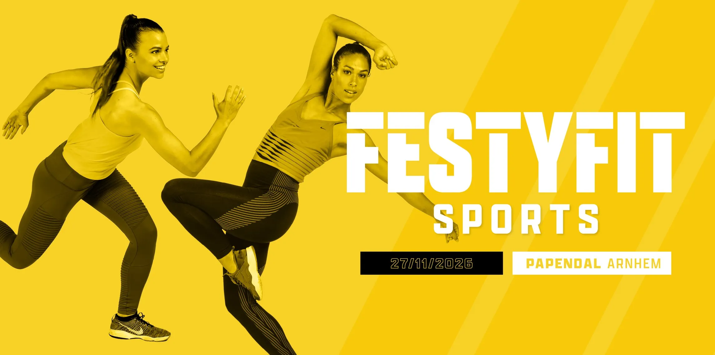 Banner van Festyfit Sports met twee rennende sporters op geel, Papendal Arnhem. Door Fitbrand
