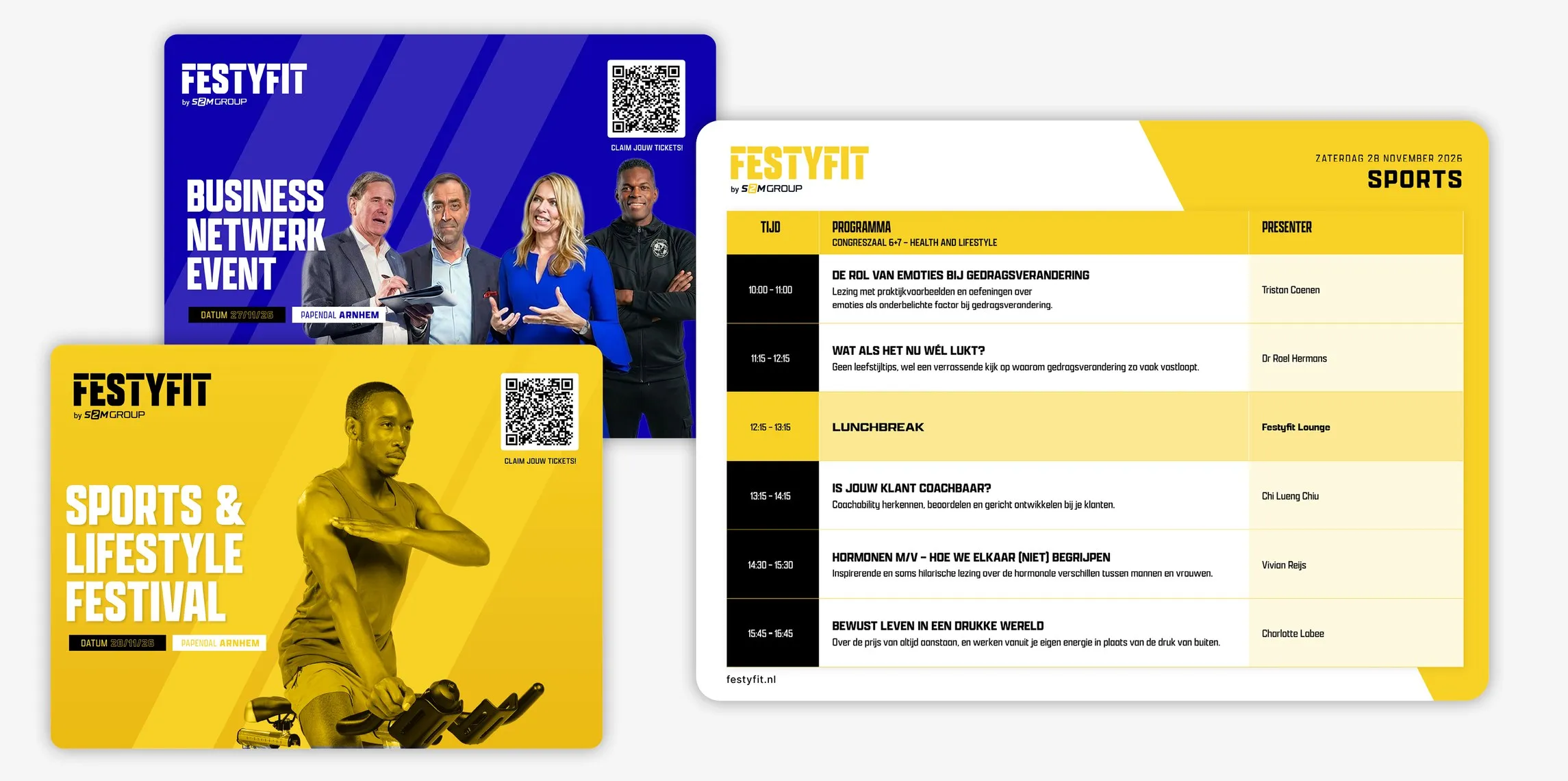 Flyers voor Festyfit Business en Festyfit Sports met QR-code, naast het dagprogramma van Festyfit Sports. Door Fitbrand