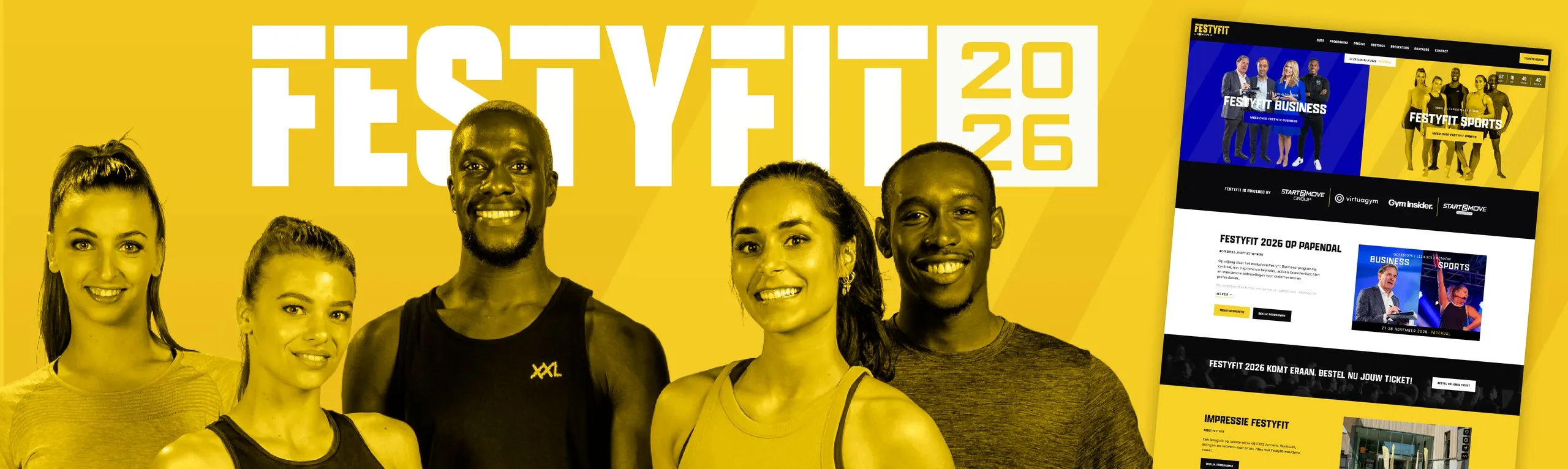 Vijf lachende sporters op geel onder het logo van Festyfit 2026, met de website ernaast. Door Fitbrand