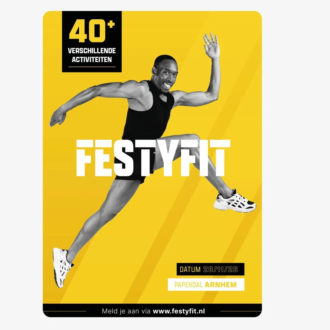 Poster van Festyfit met een springende sporter en ruim veertig activiteiten op Papendal Arnhem. Door Fitbrand