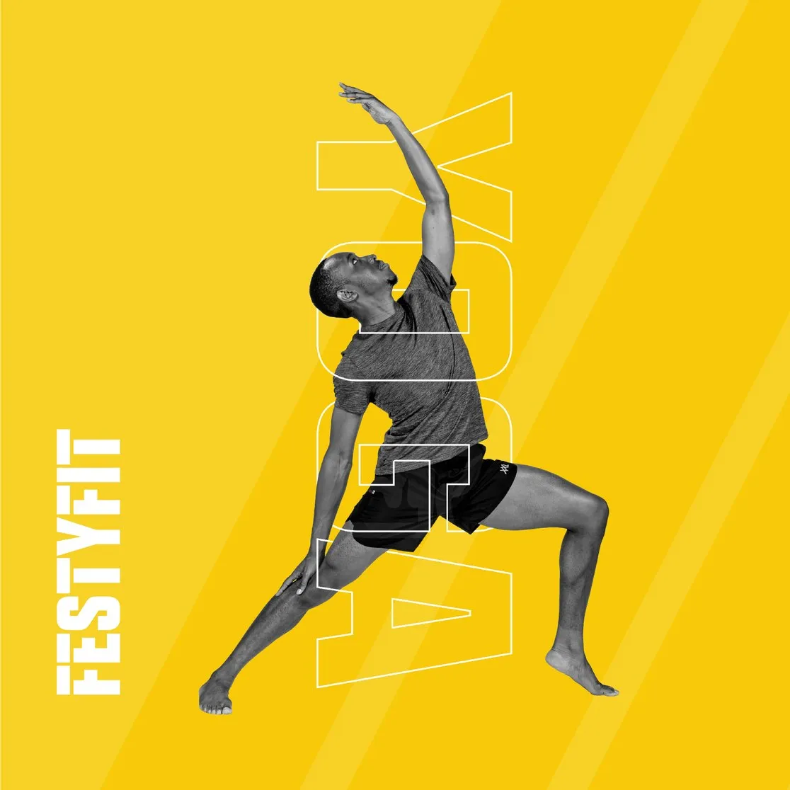 Poster met een strekkende sporter voor het staande woordmerk van Festyfit op geel. Door Fitbrand