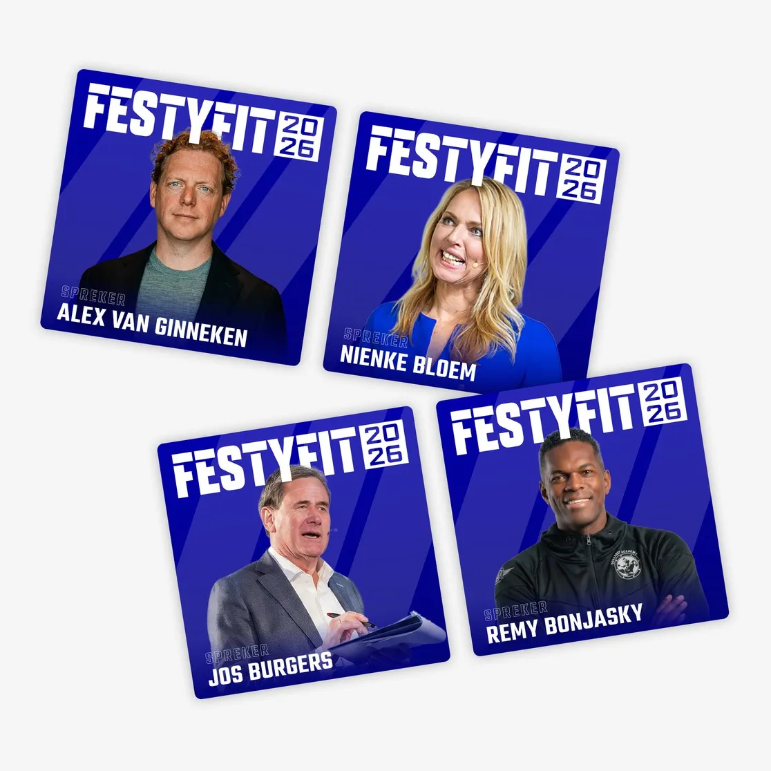 Vier sprekerskaarten voor Festyfit 2026 met Alex van Ginneken, Nienke Bloem, Jos Burgers en Remy Bonjasky. Door Fitbrand