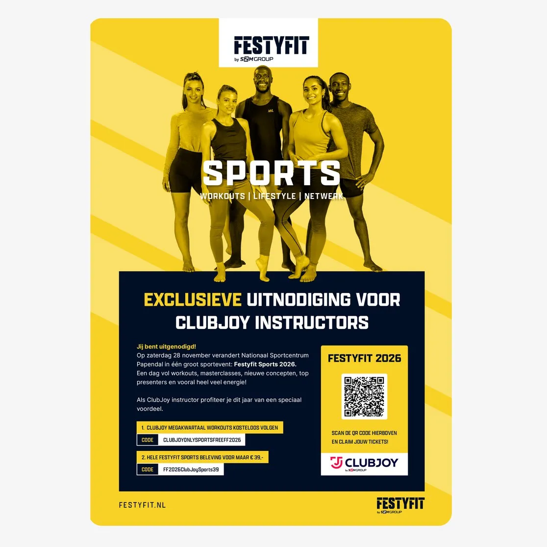 Uitnodiging voor ClubJoy-instructeurs voor Festyfit Sports 2026, met groepsfoto en QR-code. Door Fitbrand