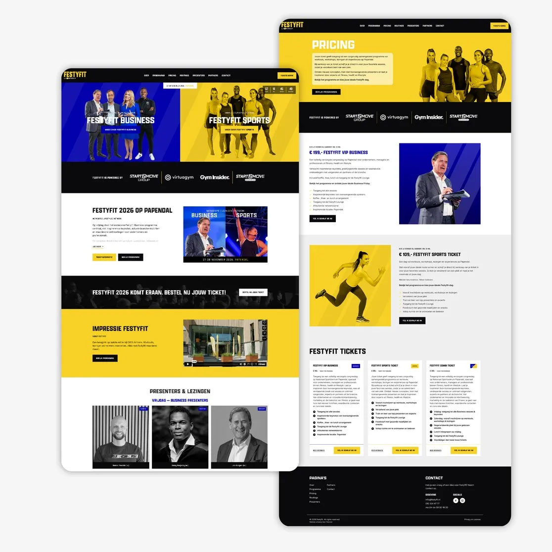 Twee pagina's van de website van Festyfit 2026 met sprekers, programma en tickets. Webdesign door Fitbrand