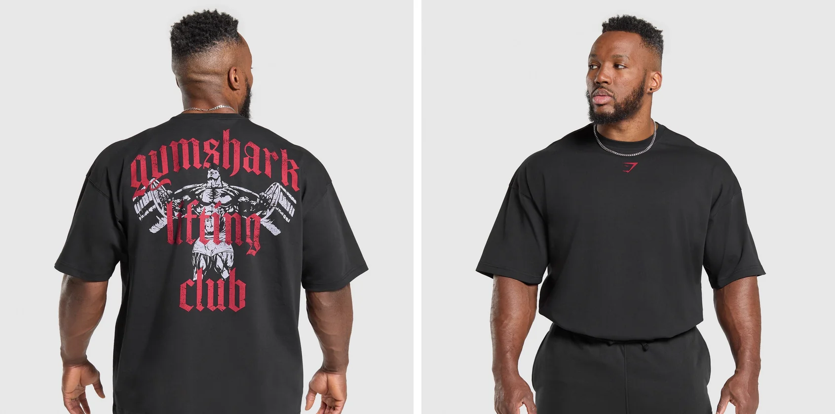 merkverwatering: Gymshark Lifting Club T-shirt, achterkant met print en voorkant met logo