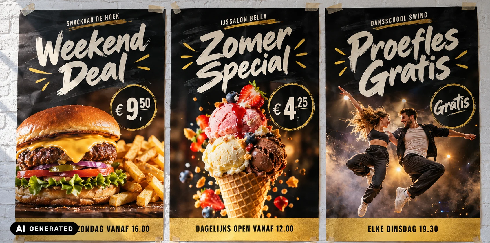 merken lijken op elkaar: drie AI-posters van een snackbar, een ijssalon en een dansschool in precies dezelfde stijl