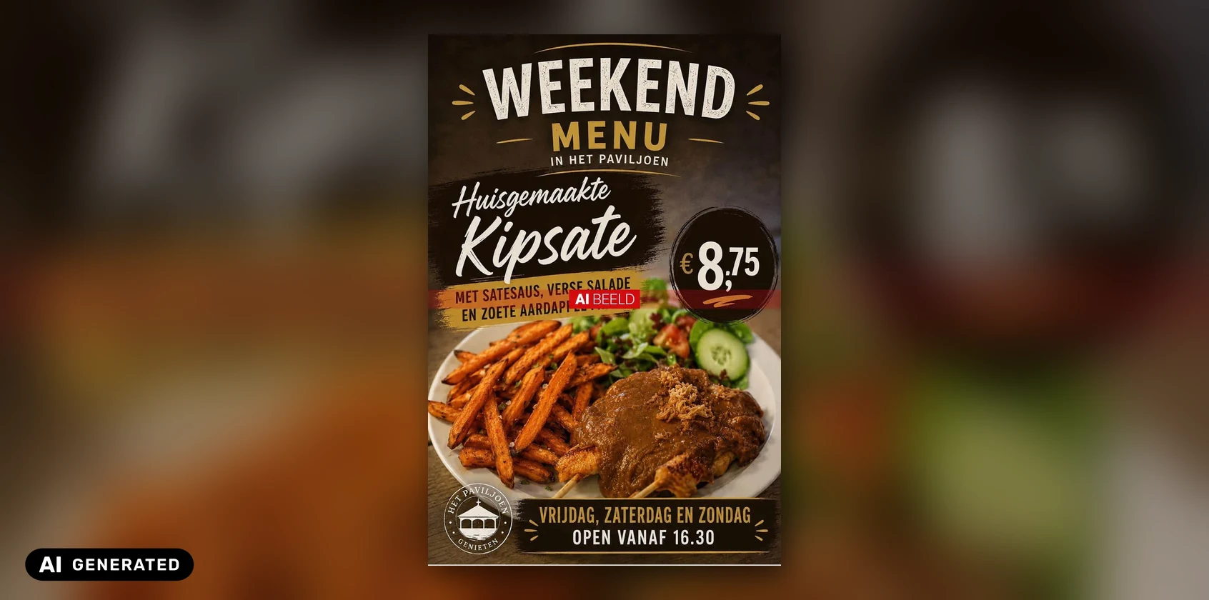 merken lijken op elkaar: AI-poster van het horecapaviljoen op Vakantiepark Meerzicht, met kwastletter, streepjes en een ronde prijssticker